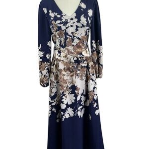 Tahari ASL Navy Floral Long-Sleeve Midi Dress with Cream & Brown Accents